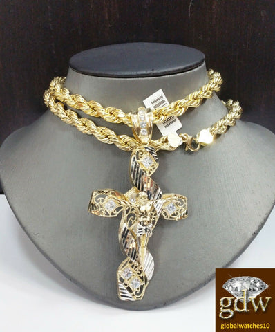 Real 10k Yellow Gold Men's Jesus Cross Charm/Pendant with 28 Inches Rope Chain.