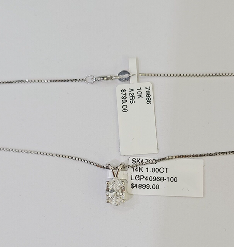 Real 14k White Gold Oval Diamond Pendant Box Chain Necklace Set Women
