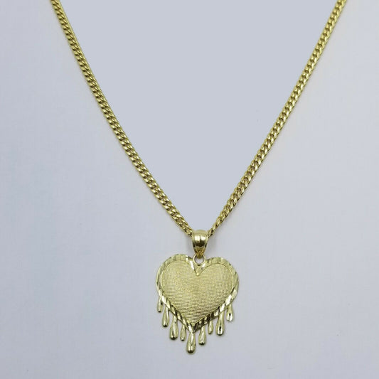 10K Yellow Gold Miami Cubin Link Chain Dripping Heart Diamond Cut Pendant