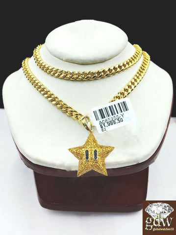 10k Yellow Gold & Real Diamond Star Emoji Charm 20Inch Miami Cuban Chain
