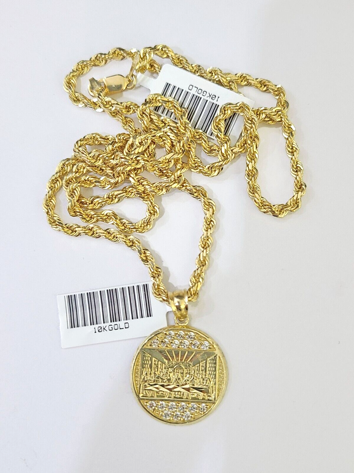 10k Gold Rope Chain & Last Supper Charm Pendent SET 3mm 22 Inches Necklace