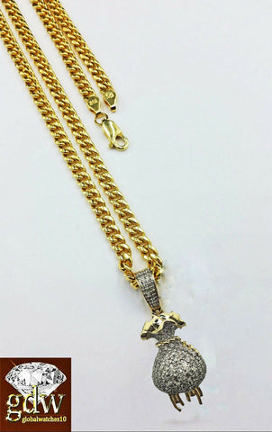 Real 10k Yellow Gold and Diamond Money Bag Charm with 24 Inch Miami Cuban Chain.