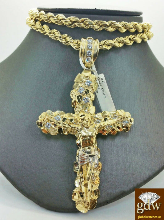 Real 10k Yellow Gold Rope Chain 22" 7mm Real 10k Jesus Cross Charm pendant