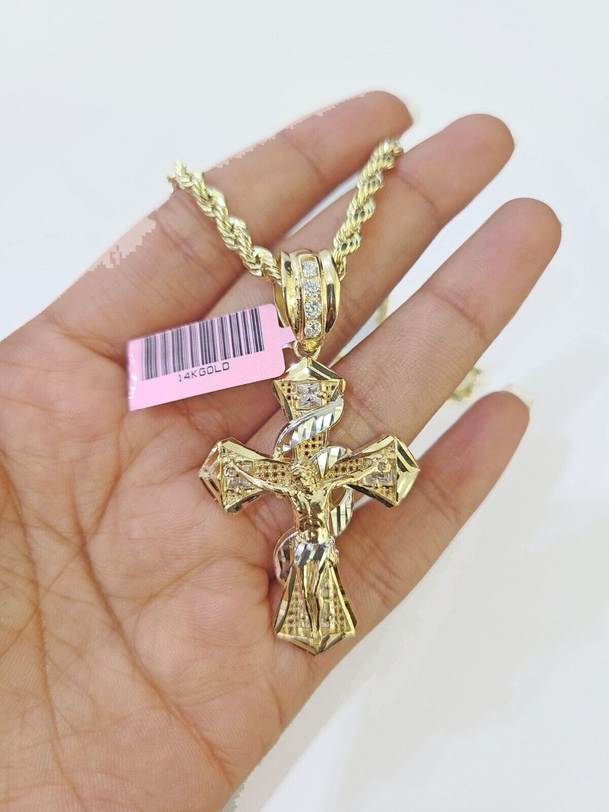 14k Yellow Gold Rope Chain & Jesus Swirl Cross Charm SET 5mm 26Inches Necklace