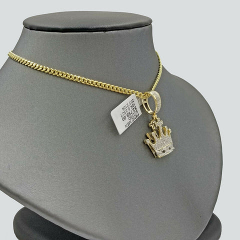 10k Yellow Gold Crown Genuine Diamond Charm/Pendant, Cross & Cuban Design 0.33CT