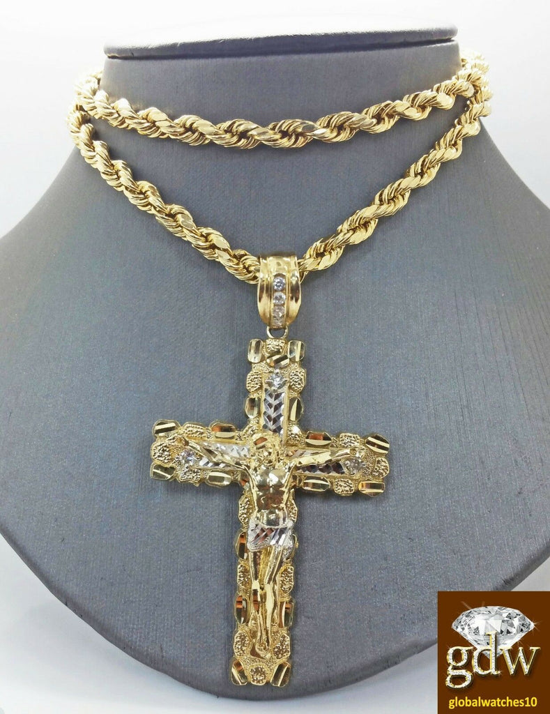 10k Real Yellow Gold Jesus Nugget Cross Charm/Pendant with 26 Inches Rope Chain.