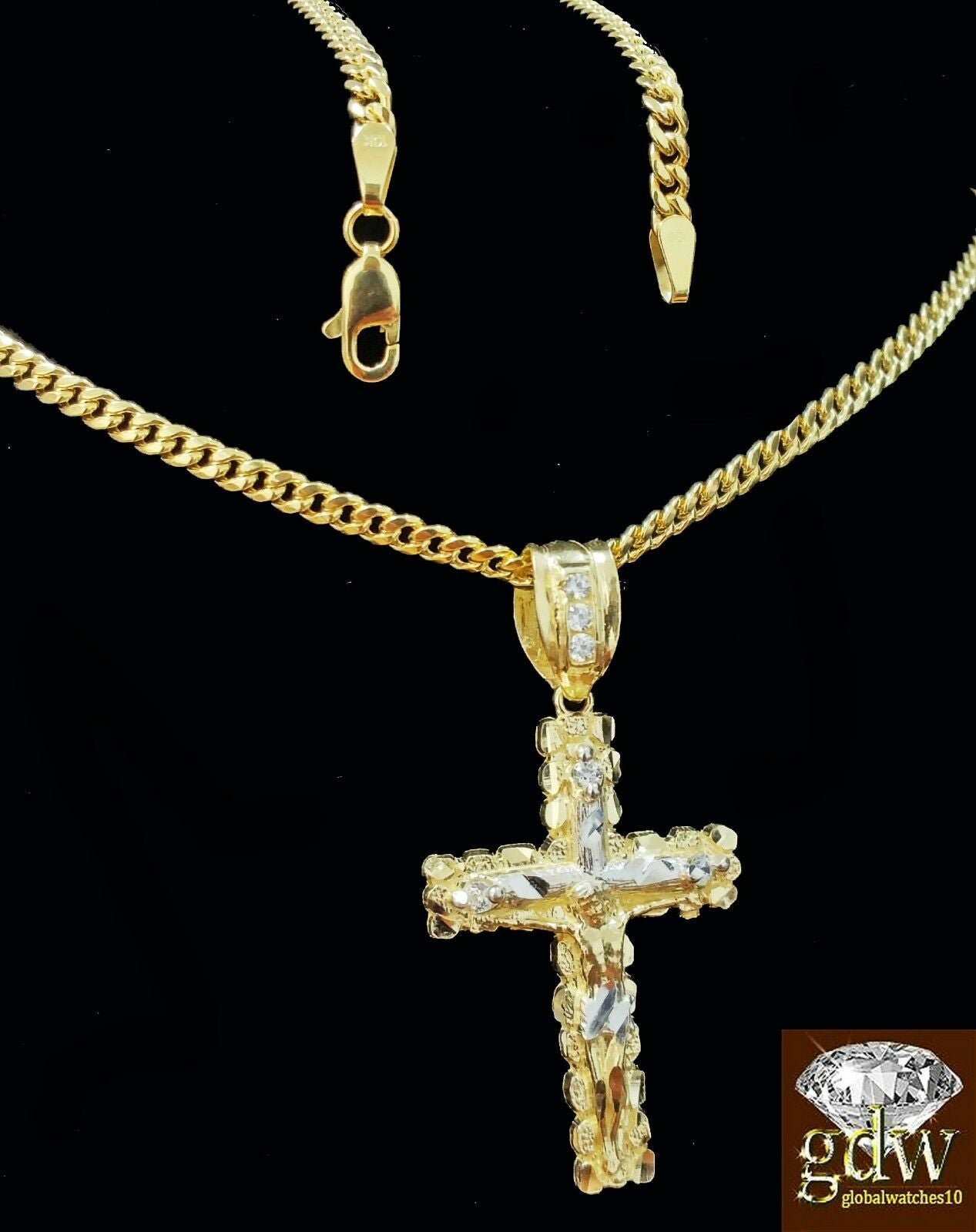 Real 10k Yellow Gold Cross Jesus Charm Pendant Miami Cuban 20" Necklace