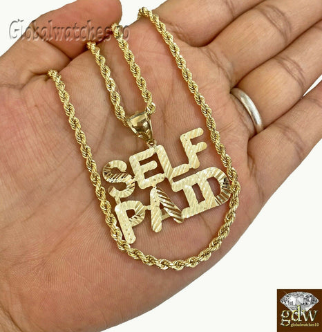 Real 10k Gold Mens Self Paid Charm Pendant with Rope Chain in 20 22 24 26 Inch