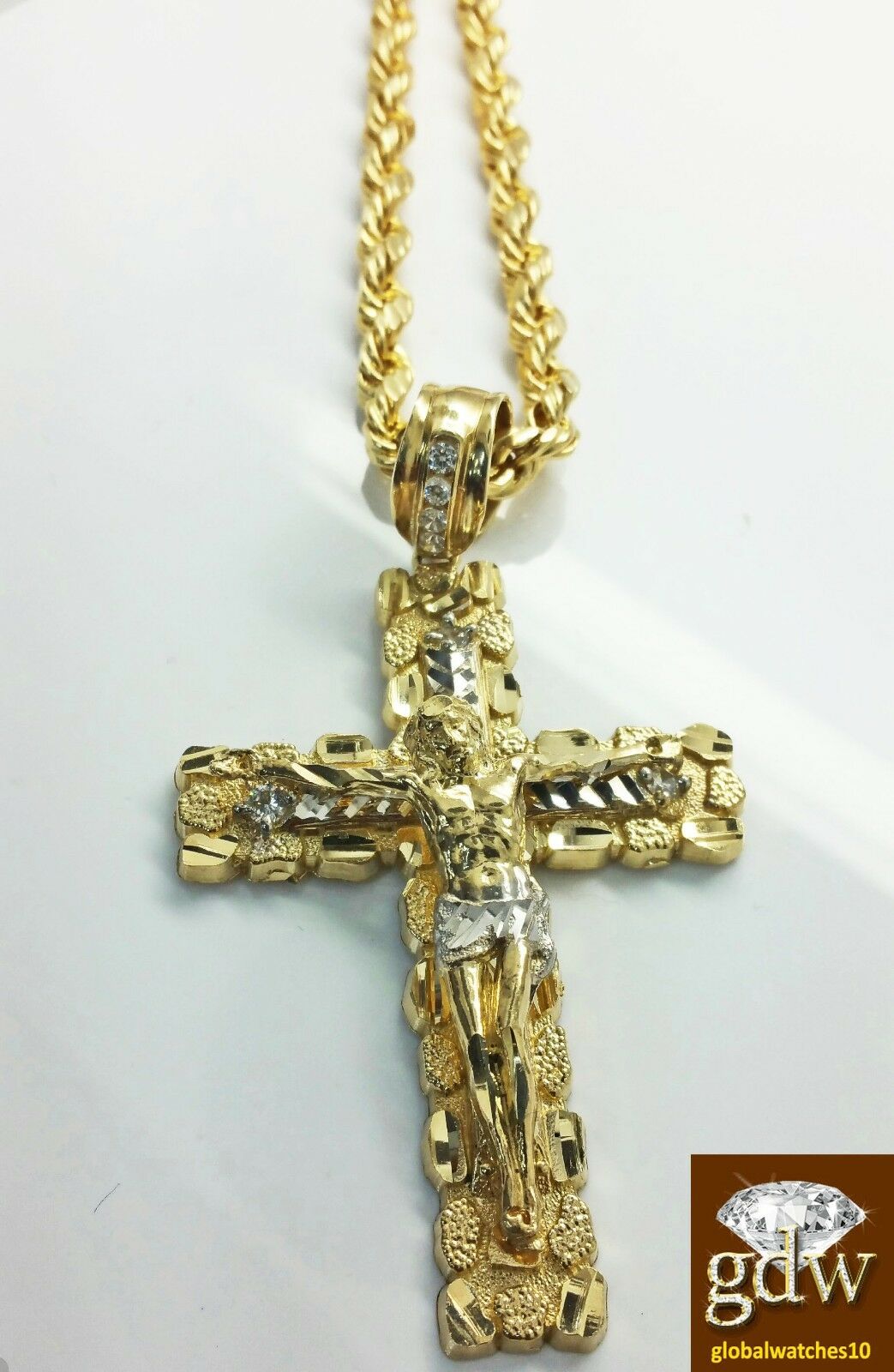 10k Real Yellow Gold Jesus Nugget Cross Charm/Pendant with 26 Inches Rope Chain.