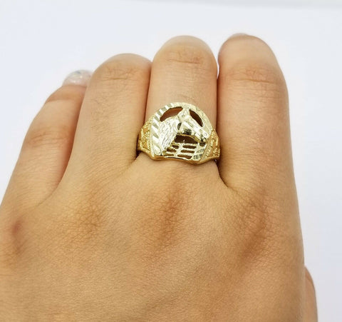 Real 10k Yellow Gold Lucky Horse Men's Ring Diamond Cut, Horse in Horseshoe Ring