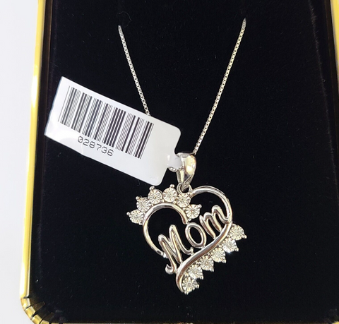 Real 10k White Gold Heart Diamond Mom Pendant Box Chain Necklace Set Women