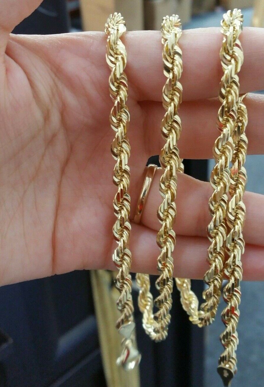 Solid 14k Gold Rope Chain 6mm 22 Inch Necklace Diamond Cuts Lobster Lock REAL