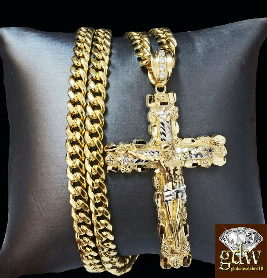 Real 10k Yellow Gold Jesus Cross Pendant 10k 22Inch  8mm Cuban Chain Box Lock