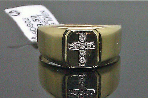 REAL 10K Mens Yellow Gold 0.06CT Round Diamond Ring With Cross Band
