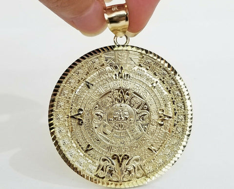 10k Yellow Gold Aztec Calendar Pendant Charm 4mm 20- 28 " Real  Rope Chain 10 kt