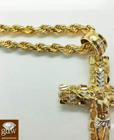 10k Real Yellow Gold Jesus Nugget Cross Charm/Pendant with 26 Inches Rope Chain.
