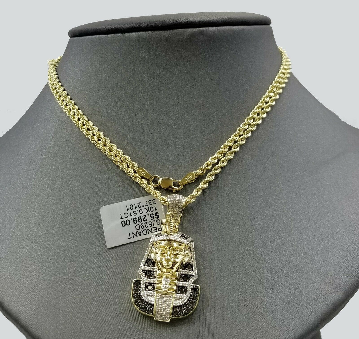 10k Yellow Gold Pharaoh Head Pendant Rope Chain 24" Black White Diamond 0.81CT