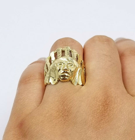 Real 10k Indian Head Yellow Gold Men's Ring Diamond Cut, Pinky Thick band