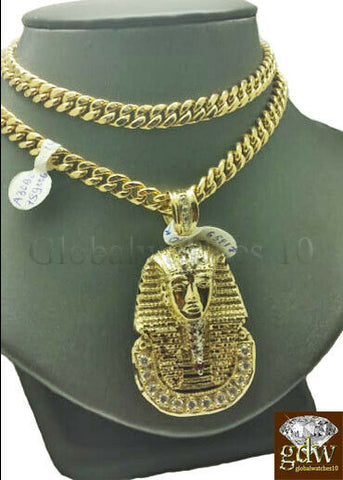 Real 10k Gold Egyptian Pharaoh Head Charm 26 Inch Miami Cuban Chain