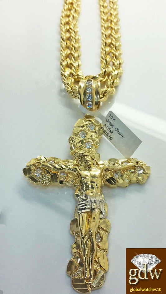 Real 10k Yellow Gold Rope Chain 26" 7mm And Real 10k Jesus Cross Charm pendant