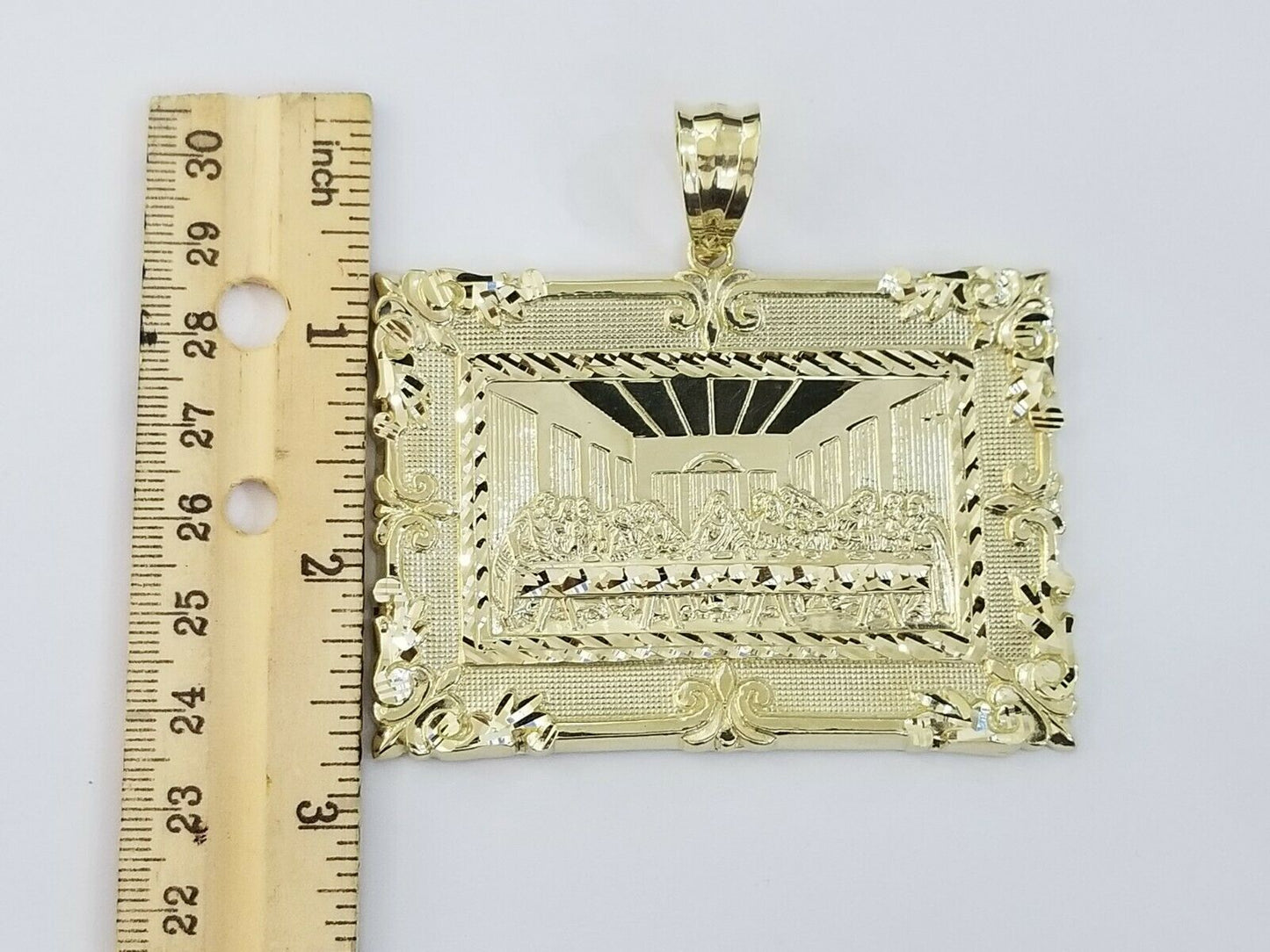 10K Real Yellow Gold Last supper Charm Diamond Cut Pendant Jesus Religious Mens