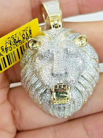 REAL Diamond Pendant King Lion Head Charm For Mens 10k Yellow Gold Genuine SOLID