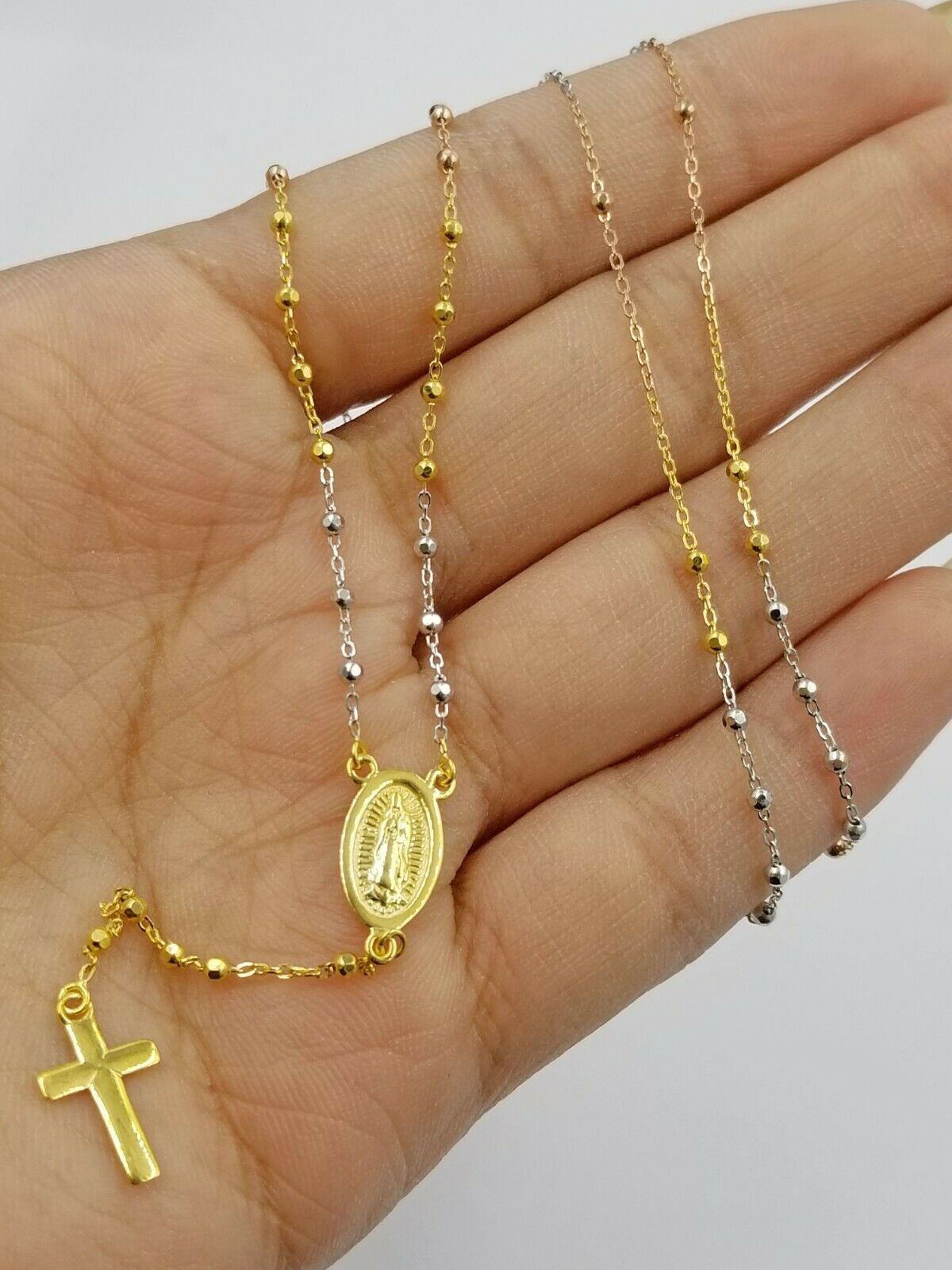 14k trio-color Gold Rosary Necklace Ladies Chain Cross Pendant Virgin MarryReal