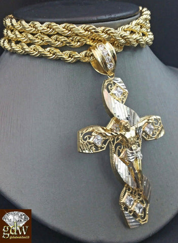 Real 10K Yellow Gold 26 Inch Rope Chain with Jesus Charm/Pendant for Men,Franco