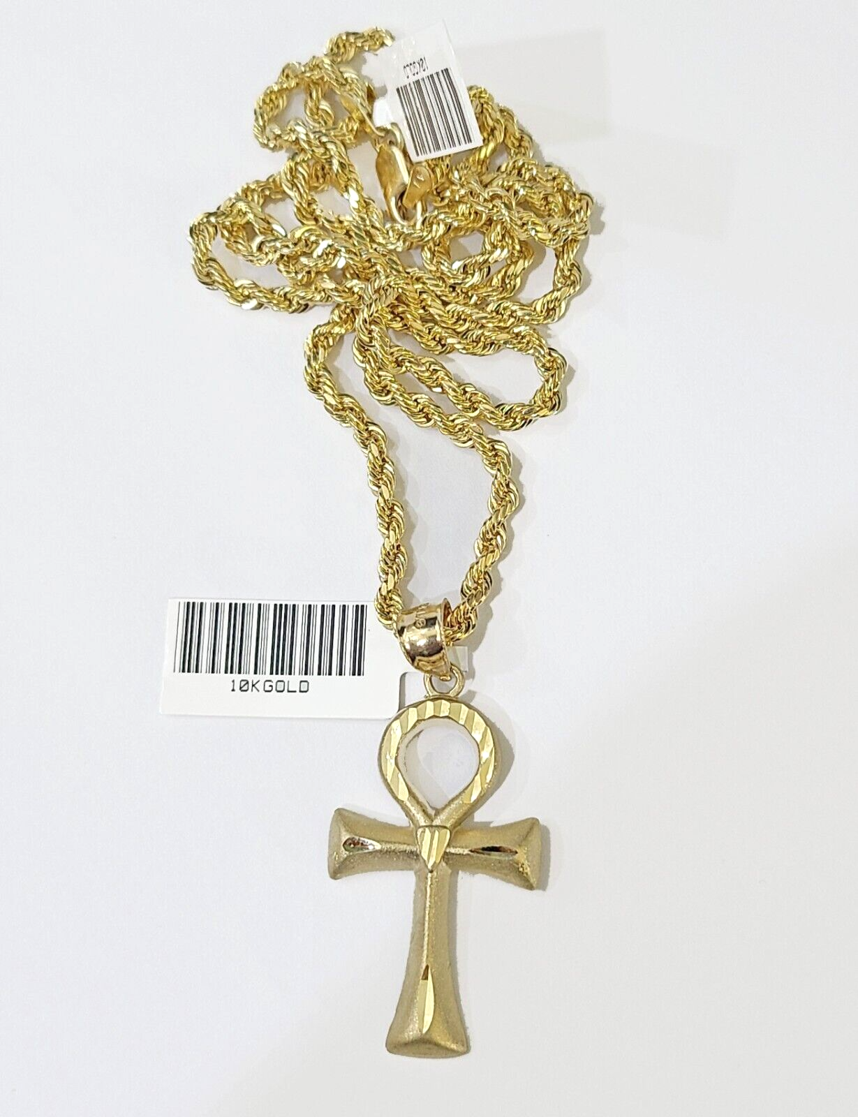 10k Gold Rope Chain & Ankh Cross Charm Pendent SET 3mm 20Inches Necklace