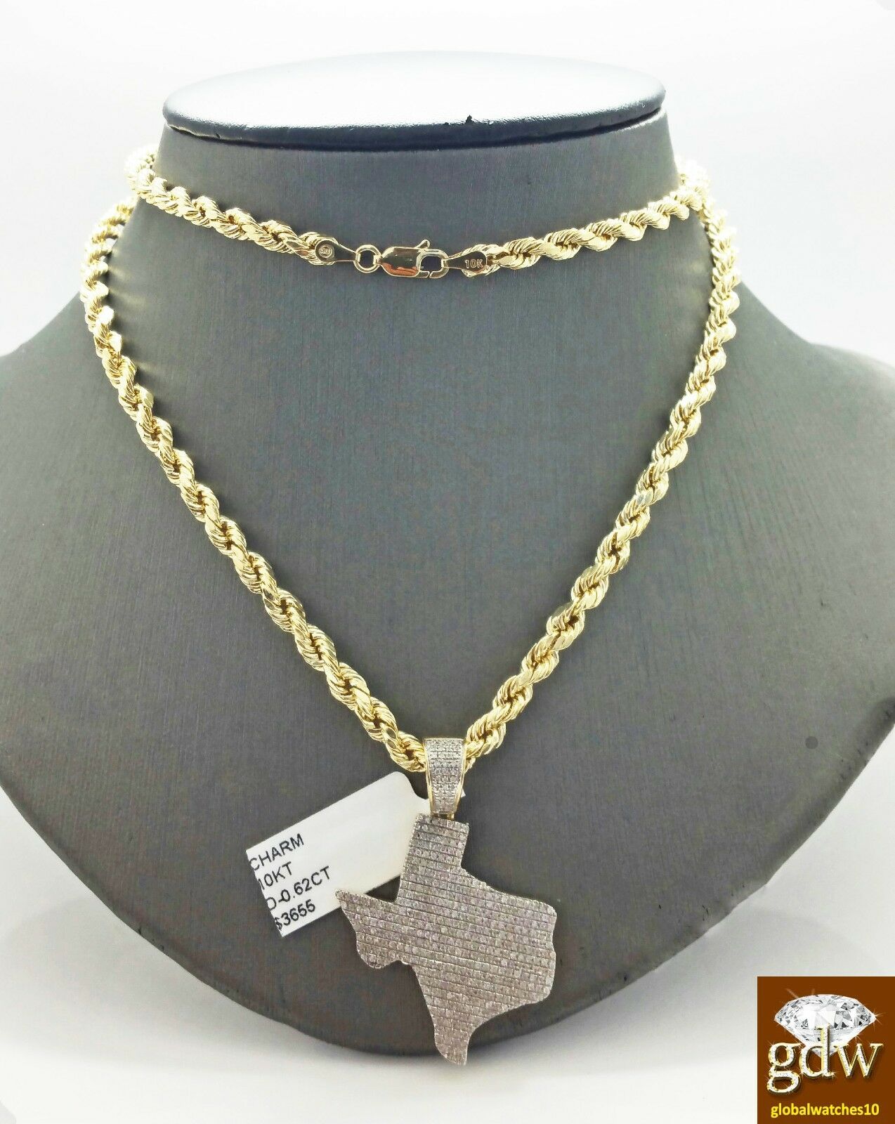 Real 10k Yellow Gold & Diamond Texas Charm/Pendant Including 24 Inch Rope Chain.