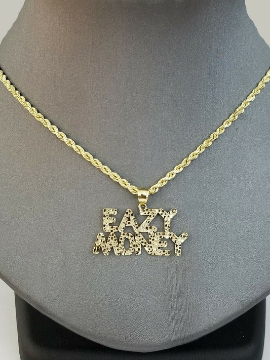 10k Gold Men Easy Money Pendant Rope Chain Necklace 2.5mm 18 20 22 24 26 28 Inch