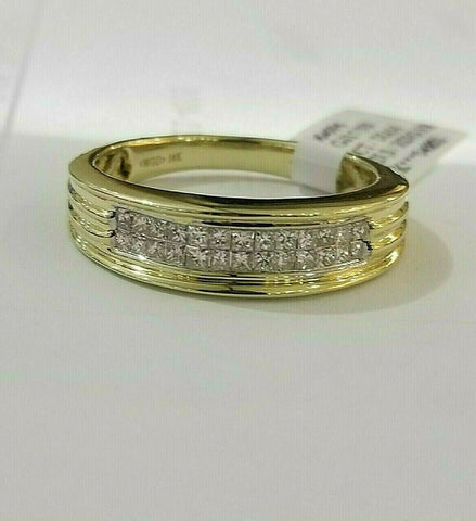 Real 14K Mens Yellow Gold & Diamond Band in Princess Cut Wedding Engagement Ring