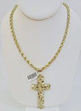 Real 10k Gold Nugget Cross Rope Necklace 5mm 22" Chain Charm SET 10kt