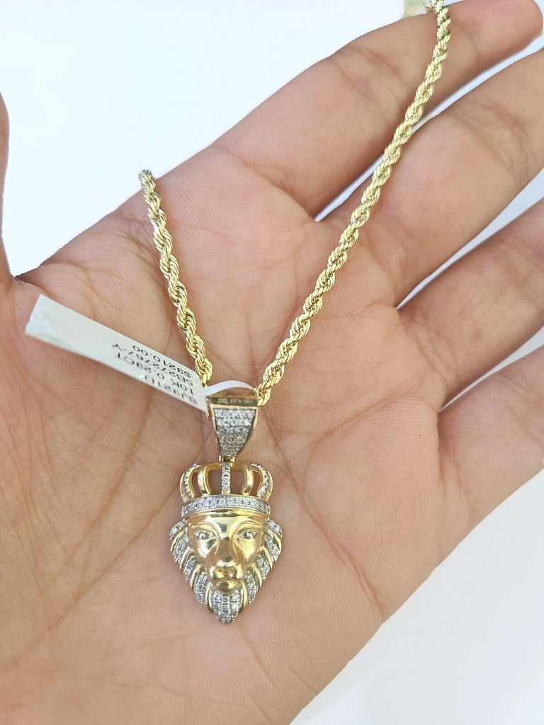 10k Gold Lion Head Diamond Charm and 2.5mm 16 Inches Rope Chain