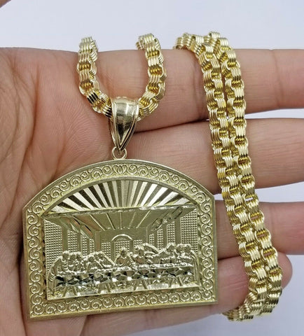 Real 10k Gold Last supper Charm Pendant 5mm Byzantine Chain 18 20 22 24 26 28"