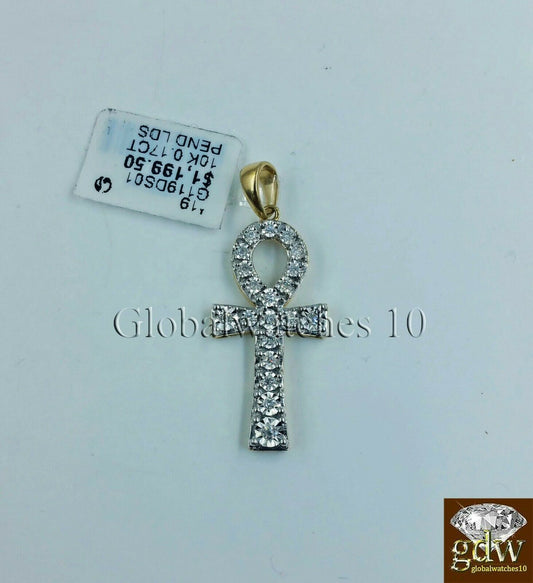 10k Yellow Gold Ankh Cross 1.5" Inch Charm/Pendant with Real Diamond, Jesus.