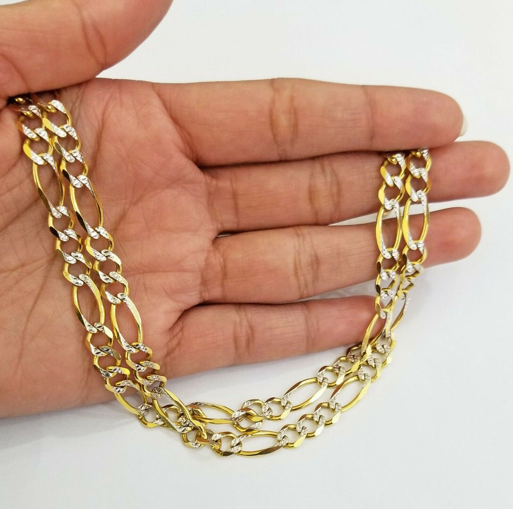 Real 14k Gold Chain Figaro Link Necklace 22" Solid Diamond Cut 7mm mens 14kt