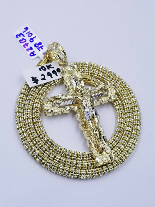 10k Gold Jesus Cross Charm 26" Iced Chain Bead Necklace Diamond Cut Nugget Real