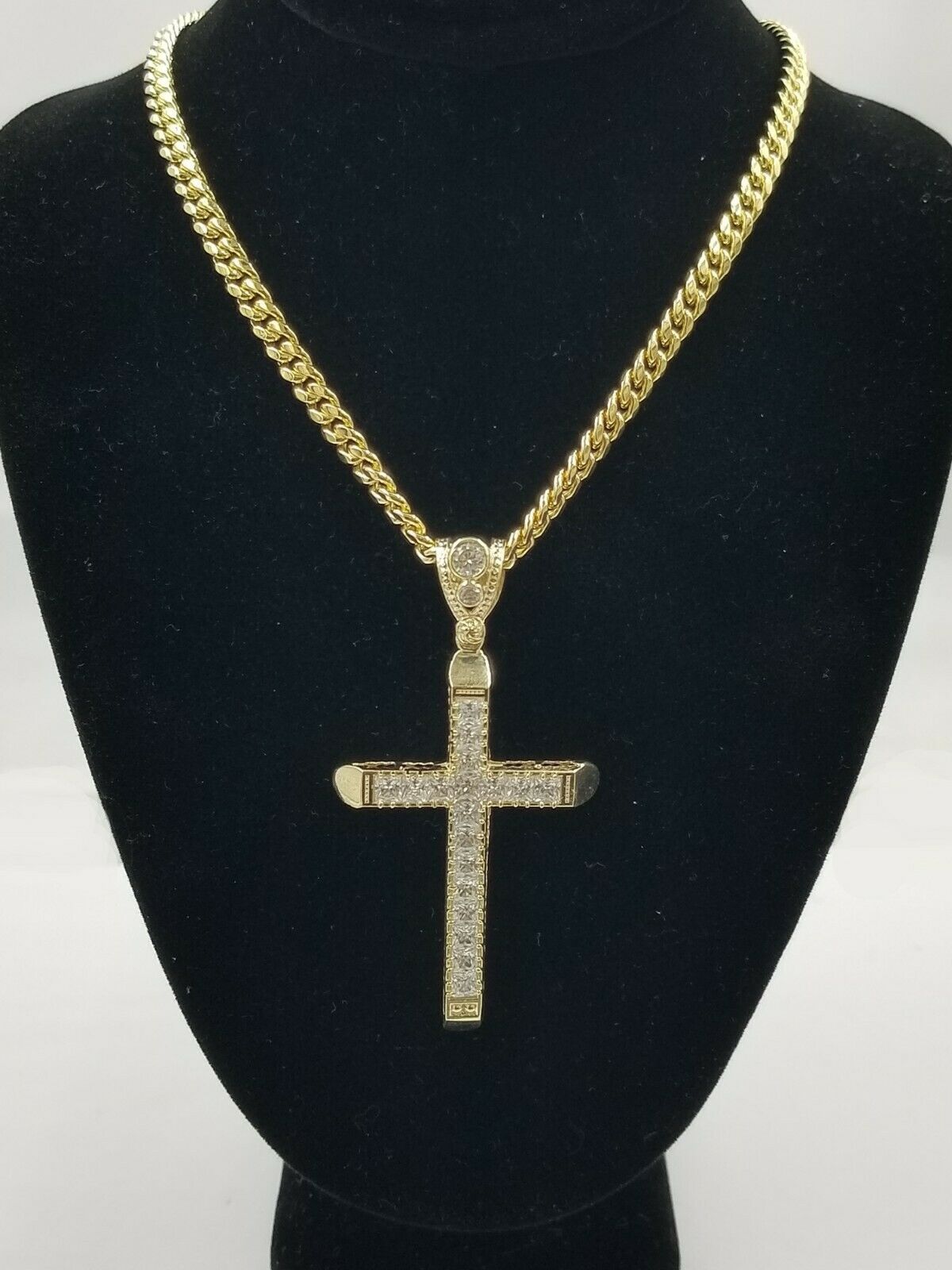 10k Yellow Gold Cross Charm pendant with 5mm Miami Cuban Diamond Cut Jesus REAL