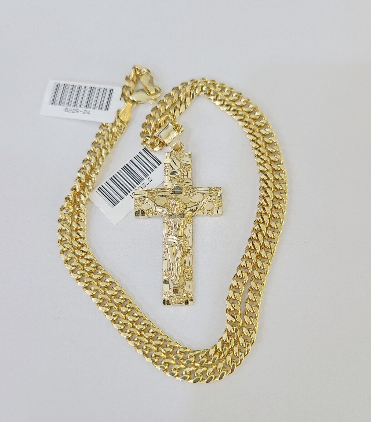 10k Nugget Cross Charm Miami Cuban Chain 4mm 22 inch SET Yellow Gold