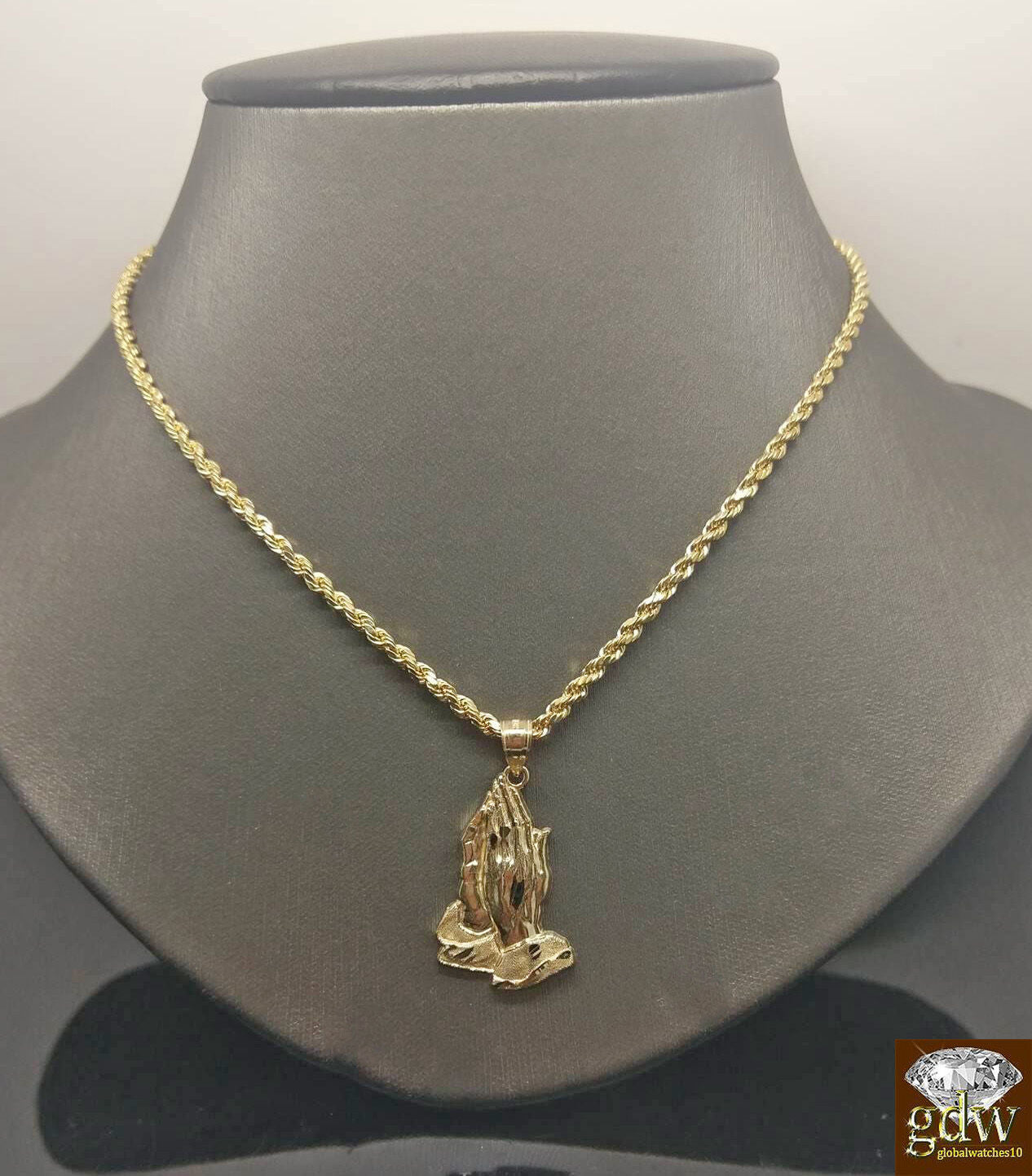 10k Yellow Gold Rope Chain Necklace 20" Praying Hand Charm Pendant Unisex