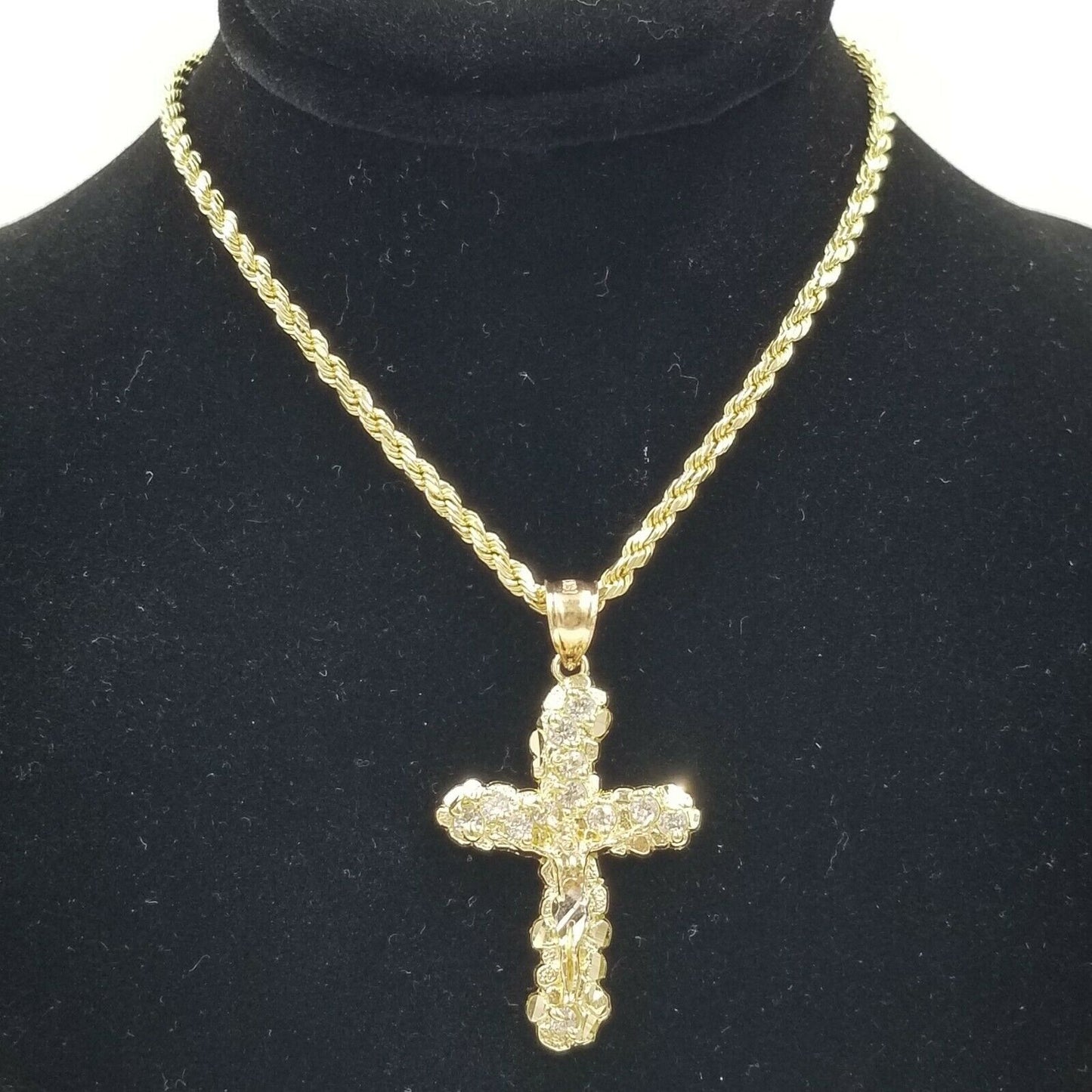 10k Yellow Gold Crucifix Cross Charm Jesus Pendant Rope Chain 18 20 22 24 26