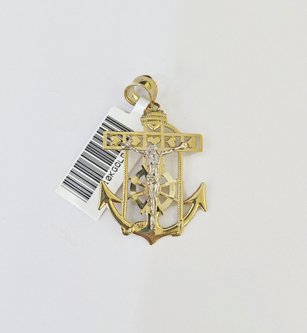 10k Gold Anchor Jesus Pendant Rope Chain 3mm 26'' Necklace Set Diamond Cut