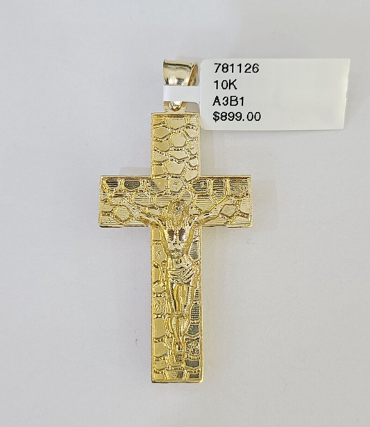 10k Nugget Cross Charm Miami Cuban Chain 4mm 22 inch SET Yellow Gold