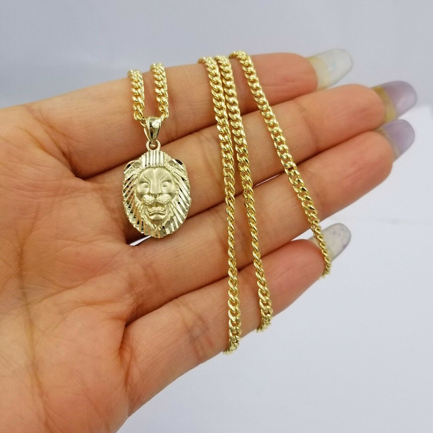 10k Yellow Gold Lion Head Charm Pendent 3mm Miami Cuban Chain 18" 20" 22" 24"