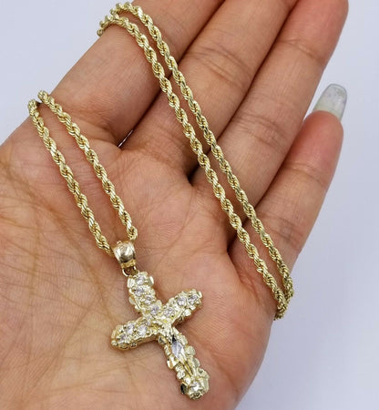 10k Yellow Gold Crucifix Cross Charm Jesus Pendant Rope Chain 18 20 22 24 26