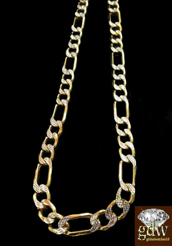 Real Gold Figaro Chain 28" 9mm Link necklace 10k Yellow Gold Diamond Cuts Men's