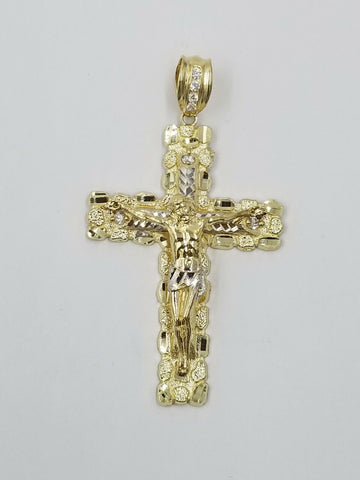 10k Gold Byzantine 24" Necklace Jesus Nugget Cross Pendant 3" Charm 5mm Chain