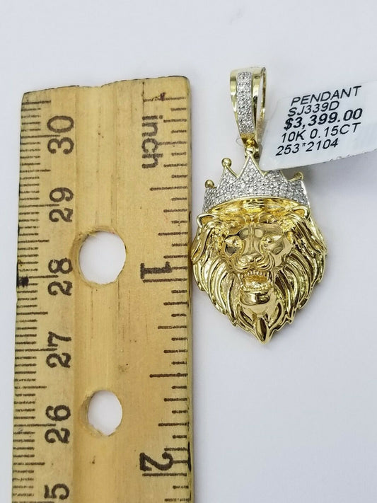 REAL 10k Gold & Diamond Lion Head Charm 3mm Rope Chain 24 Inch Men's Women