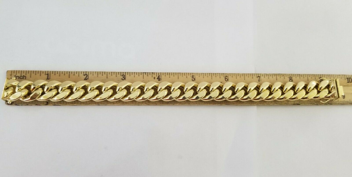 10K Real Yellow Gold Miami Cuban Bracelet 9 Inch 15mm,box lock thick hand chain